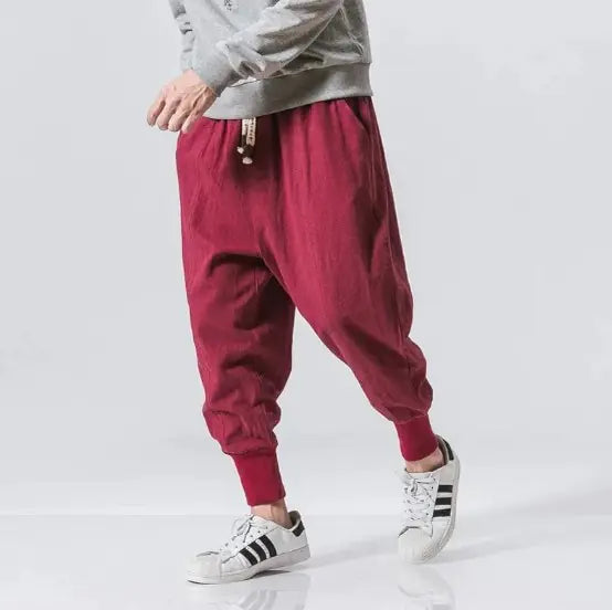 Cotton Linen Harem Pants Men Solid Elastic Waist Streetwear Joggers