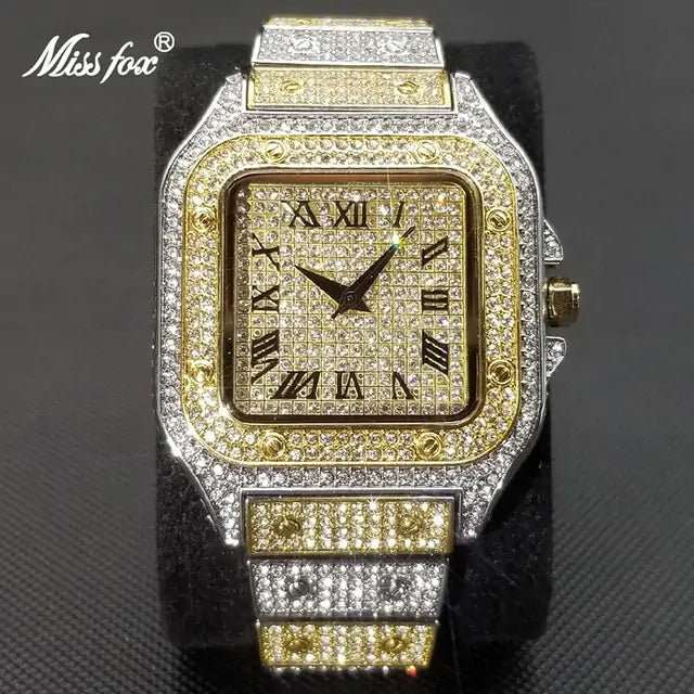 MISSFOX Ice Out Square Watch For Men